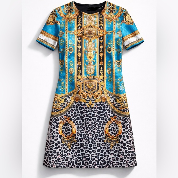 BURRYCO Baroque Leopard Mixed Print Shift Dress Embellished SZ 8 FITS BEST SZ 6 - Picture 2 of 10